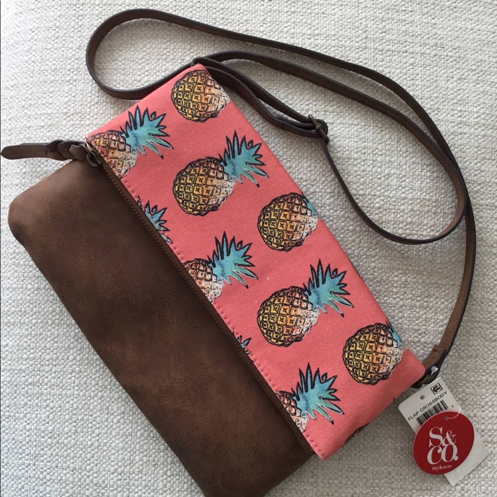 S&Co Coral and Brown Pineapple Print Shoulder Bag New